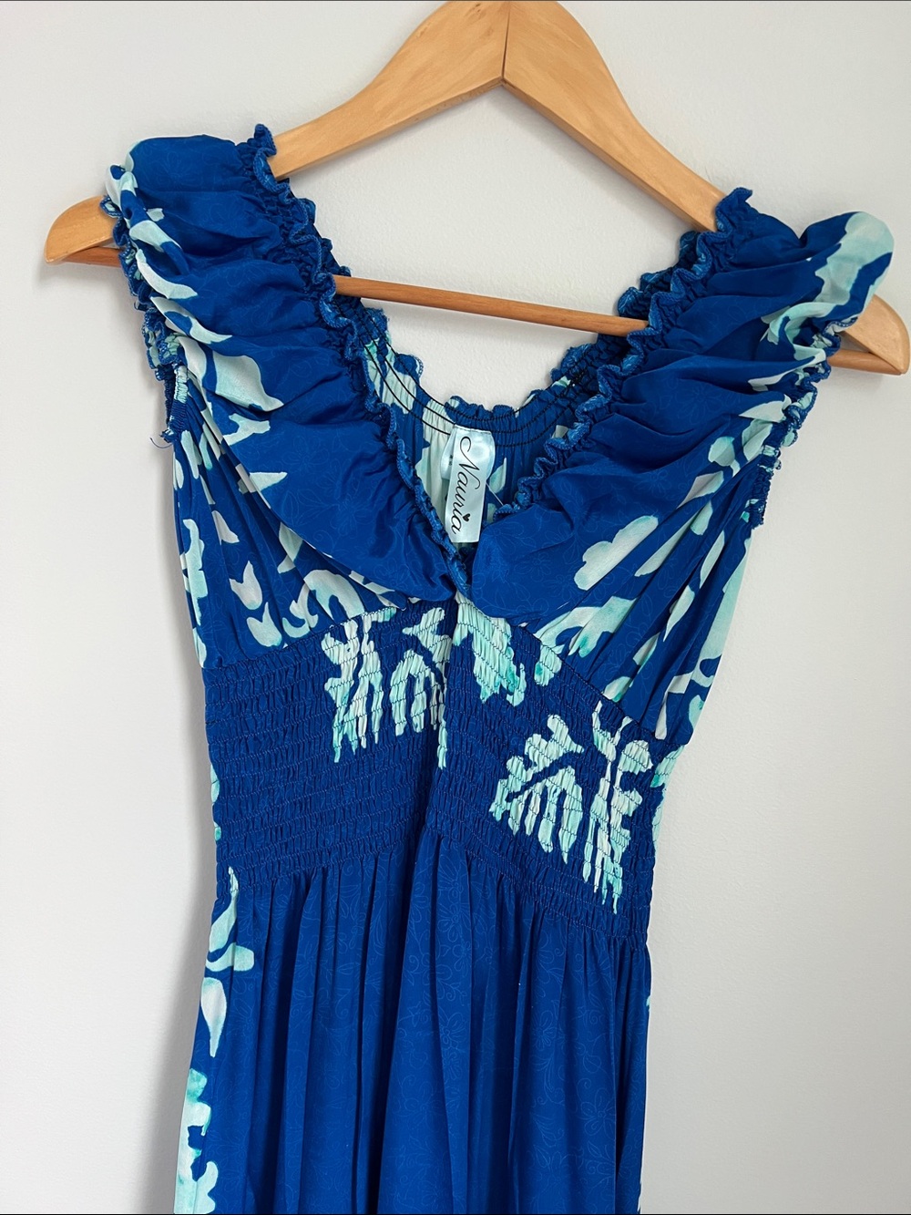 Nauria | Silk Blue Aqua Tropical Floral Ruffle Womenâs Maxi Dress NWT One Size - Picture 11 of 17